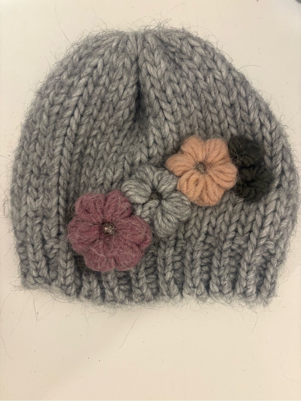 Gelso Bianco Made in Italy Gray Chunky Knit Floral Beanie Jeweled Winter Hat